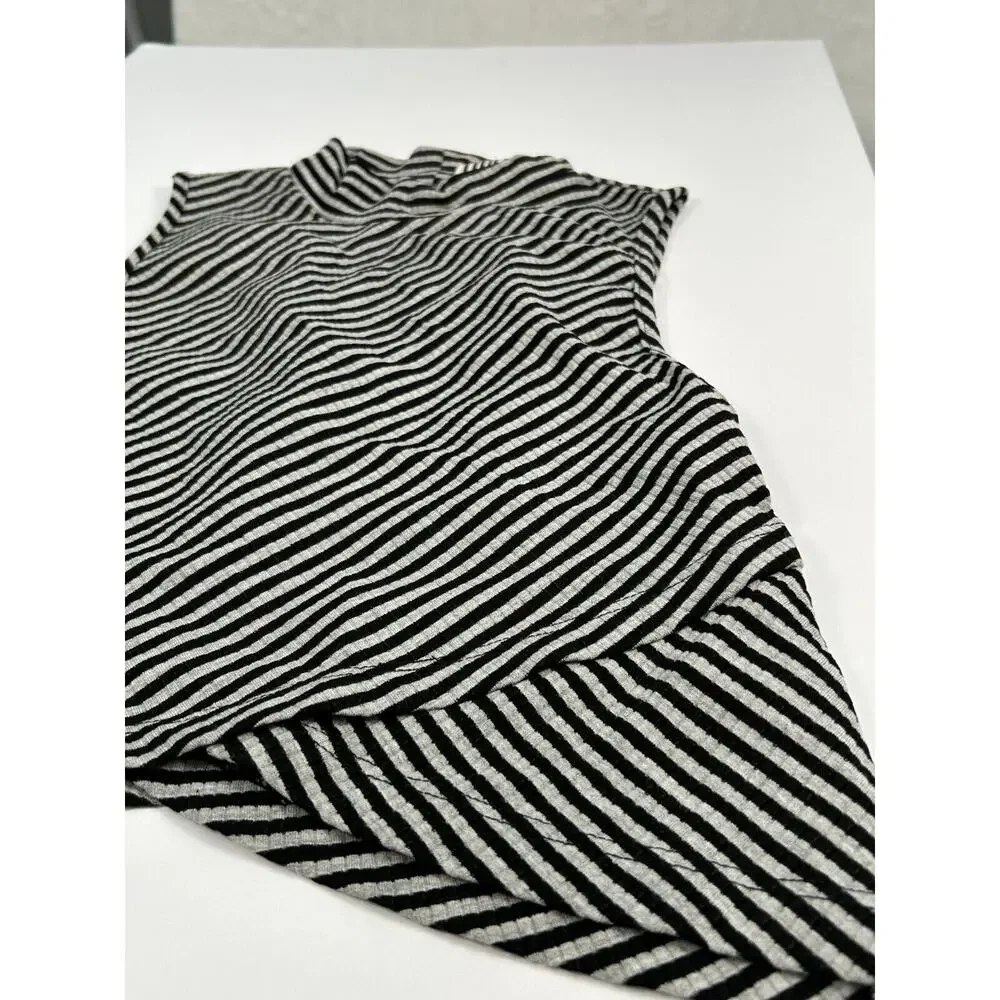 Free People Sleeveless Mock Neck Asymmetrical Hem Striped Gray Black Medium NWOT